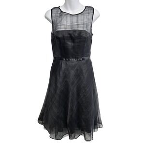 Express Black 100% Silk Plaid Mesh Cocktail Dress Size 6 Organza Tie Back Date